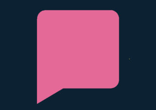 A pink square-shaped speech bubble on a dark blue background.