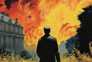 Artwork in a graphic style showing the back of a man walking towards a tall building with many windows. The sky appears to be on fire.