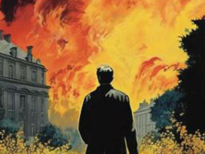 Artwork in a graphic style showing the back of a man walking towards a tall building with many windows. The sky appears to be on fire.