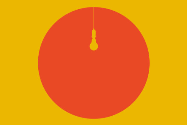 Graphic showing an orange circle on a yellow background. A yellow shape like a small lightbulb dangles into the top of the circle.