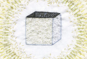 Pencil drawing showing a cube on a white background surrounded by a green textured corona.