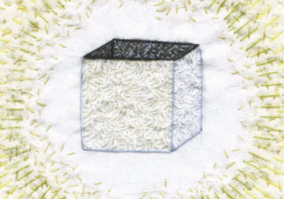 Pencil drawing showing a cube on a white background surrounded by a green textured corona.