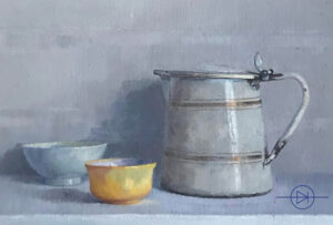 Oil painting in mostly grey and blue showing a jug and two bowls on a shelf