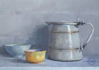 Oil painting in mostly grey and blue showing a jug and two bowls on a shelf