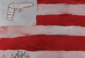 Painting showing wide red an white horizontakl stripes, in th top left corner is a drawing of a gun on a blue background. Some white stars are at the bottom.