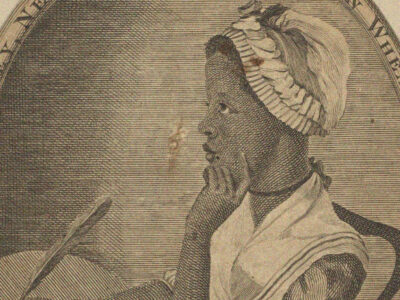 Engraving of Phillis Wheatley, a black woman wearing a bonnet and holding a quill pen.