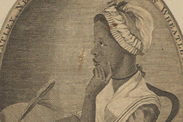 Engraving of Phillis Wheatley, a black woman wearing a bonnet and holding a quill pen.