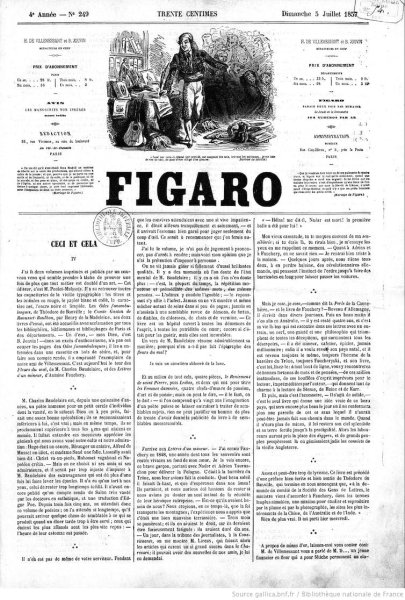 Front page of Figaro on 5th July 1857 criticizing Les Fleurs du Mal. Gallica / Bibliothèque nationale de France, CC BY