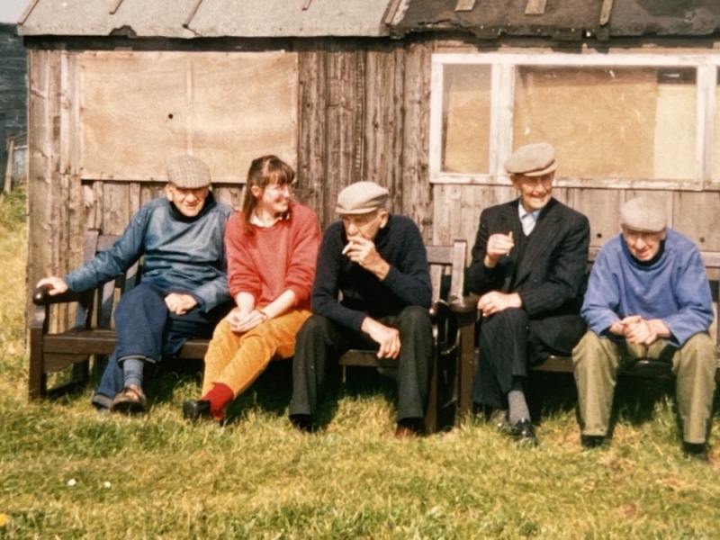 John Douglas, Katrina Porteous, Tom Douglas, Dickie Donaldson and Charlie Douglas at the Beadnell fishermen's huts, 1990