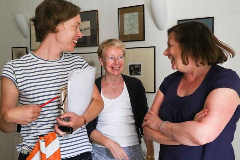 'Vacant Possession' in rehearsal, Lewes, 2015. L to R: Nicola Blackwell (Director) with Clare Best and Sara Clifford (co-writers). Photo by Cammie Toloui